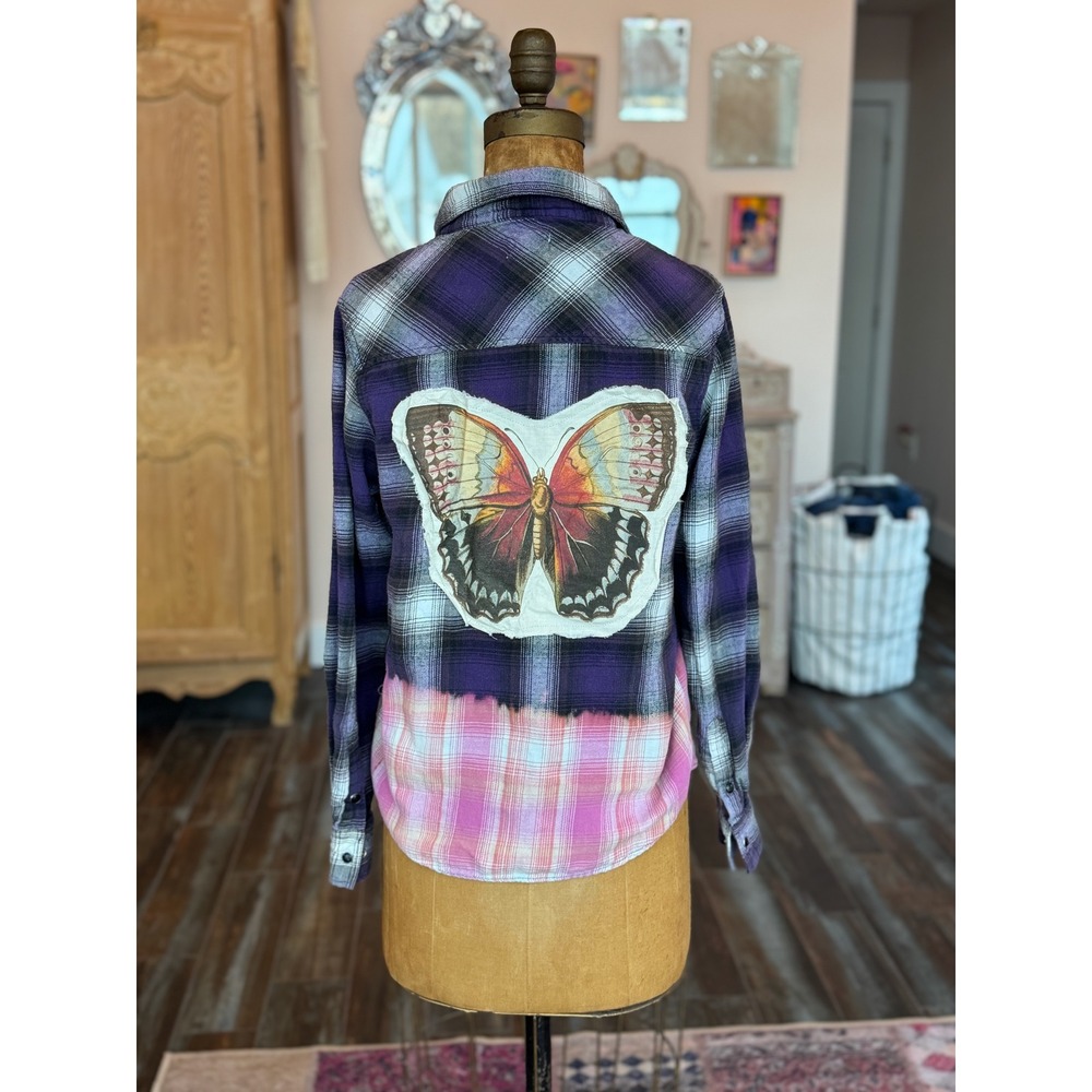 Upcycled/Reworked Flannel Shirt| Butterfly Vintage Patchwork| Cottage Core| XS - Picture 6 of 7